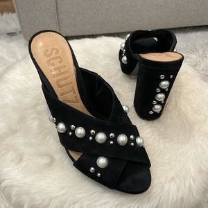 Schutz black suede with faux pearl and silver accents- heels/sandals